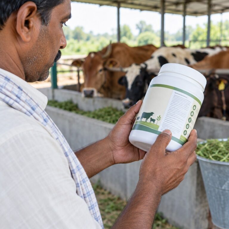 Farmer reading a livestock supplement container label beside cattle