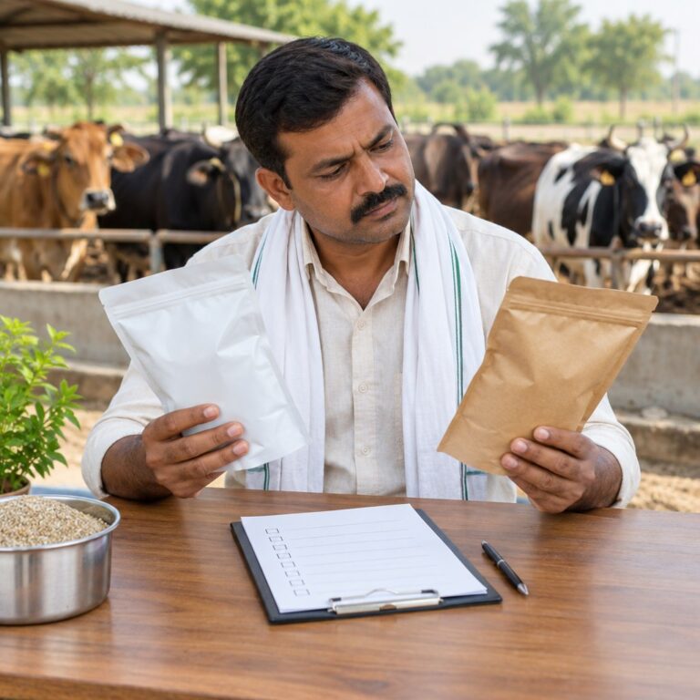 Farmer comparing livestock supplement packs with a buying checklist