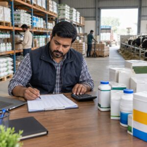 Farm manager planning a bulk livestock product order with a checklist