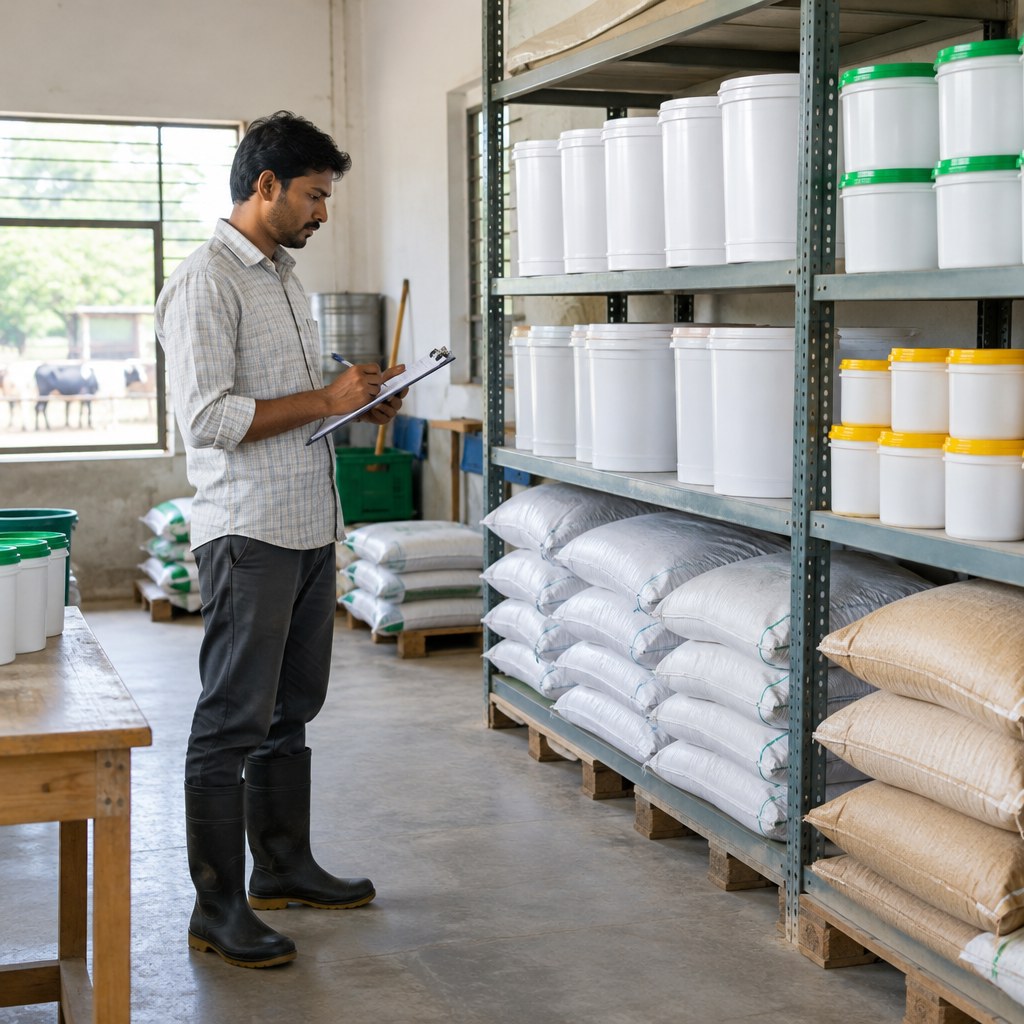 Farm worker checking livestock supplement deliveries in an organised storeroom